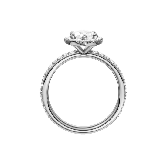 A profile view of the Marquise cut diamond engagement ring in platinum with a prong diamond band and cathedral setting
