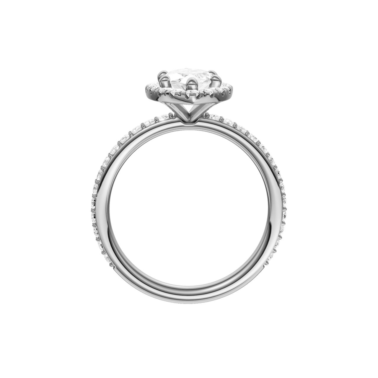 A profile view of the Marquise cut diamond engagement ring in platinum with a prong diamond band and cathedral setting