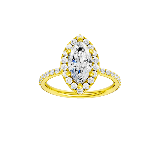 A front view of the Marquise cut diamond engagement ring in 14k yellow gold with a prong diamond band and cathedral setting