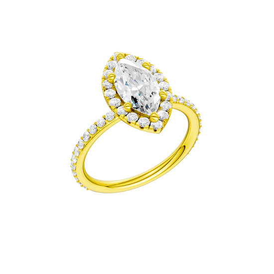 A three-quarter view of the Marquise cut diamond engagement ring in 14k yellow gold with a prong diamond band and cathedral setting