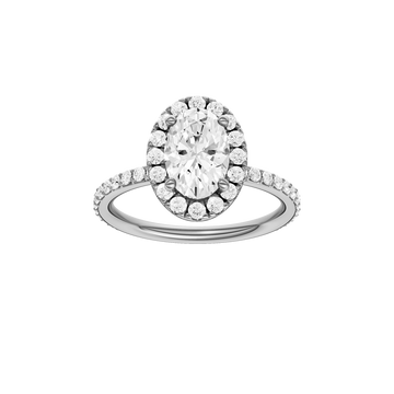 A front view of the Oval cut diamond engagement ring in 14k white gold with a prong diamond band and cathedral setting