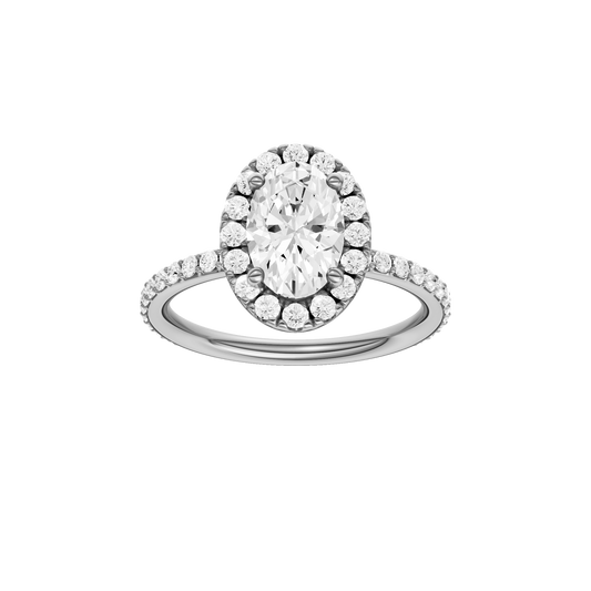 A front view of the Oval cut diamond engagement ring in 14k white gold with a prong diamond band and cathedral setting