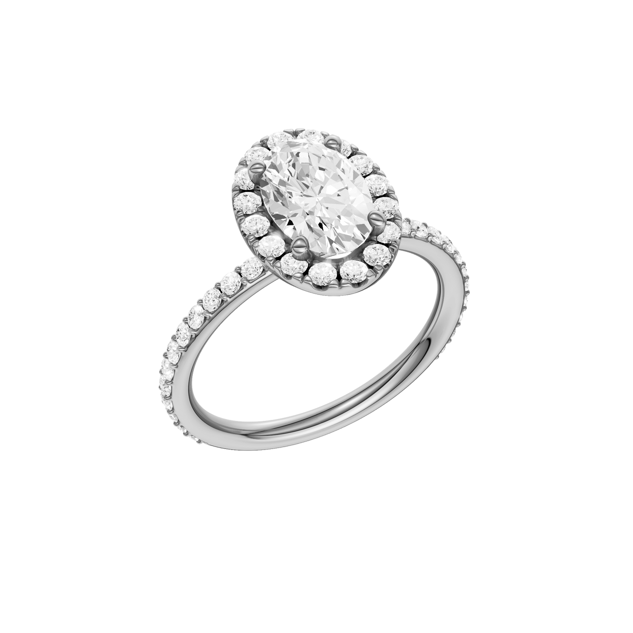 A three-quarter view of the Oval cut diamond engagement ring in 14k white gold with a prong diamond band and cathedral setting