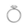 A profile view of the Oval cut diamond engagement ring in 14k white gold with a prong diamond band and cathedral setting