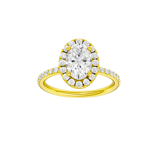 A front view of the Oval cut diamond engagement ring in 14k yellow gold with a prong diamond band and cathedral setting