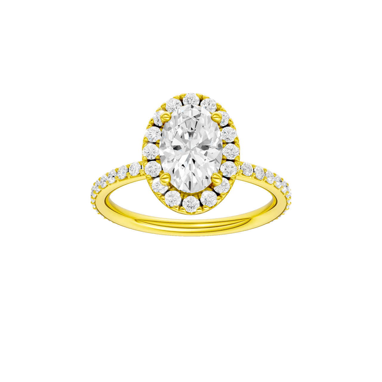 A front view of the Oval cut diamond engagement ring in 14k yellow gold with a prong diamond band and cathedral setting