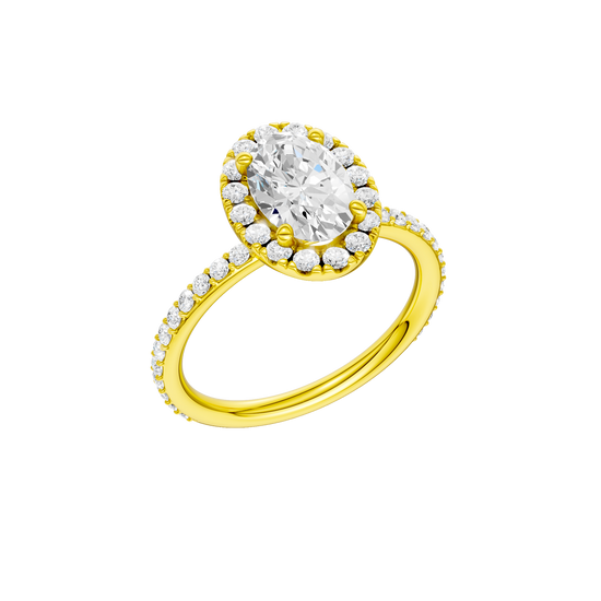 A three-quarter view of the Oval cut diamond engagement ring in 14k yellow gold with a prong diamond band and cathedral setting