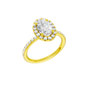 A three-quarter view of the Oval cut diamond engagement ring in 14k yellow gold with a prong diamond band and cathedral setting