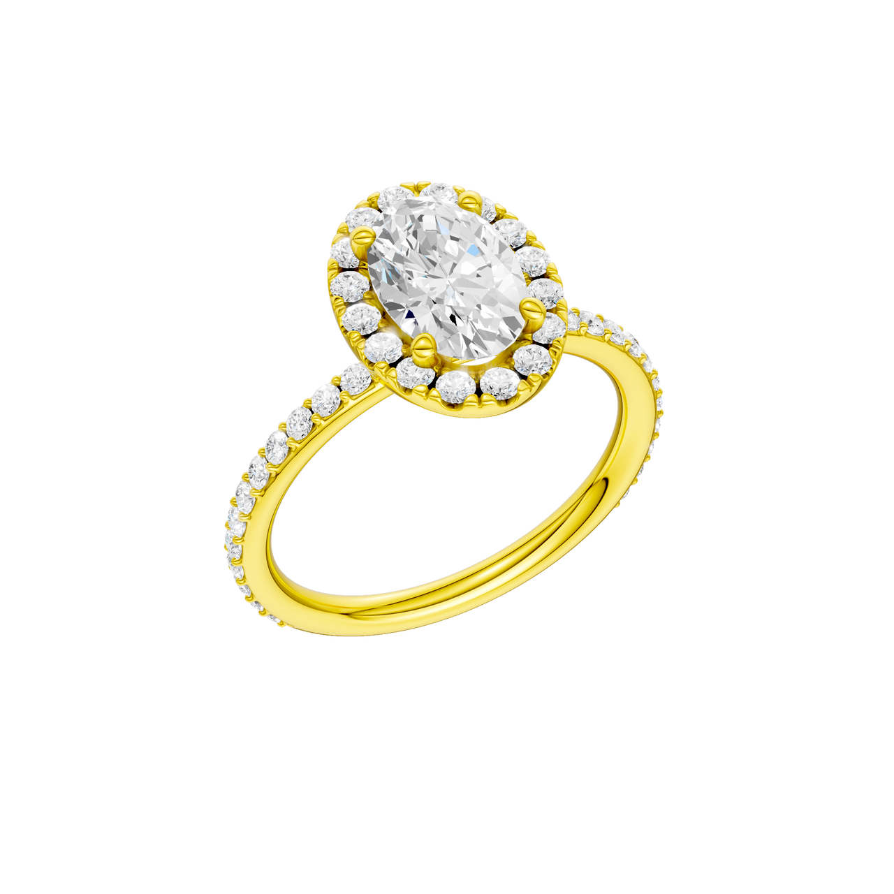 A three-quarter view of the Oval cut diamond engagement ring in 14k yellow gold with a prong diamond band and cathedral setting