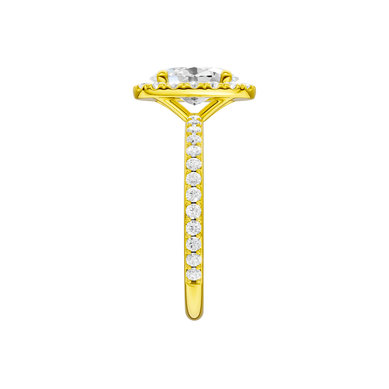 A side view of the Oval cut diamond engagement ring in 14k yellow gold with a prong diamond band and cathedral setting
