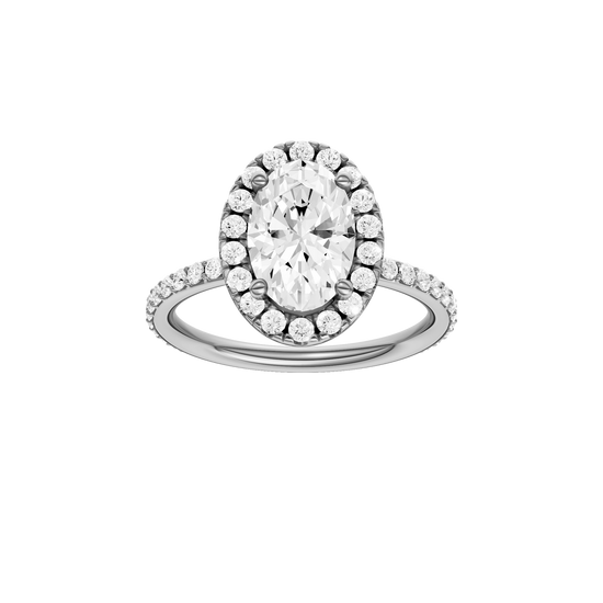 A front view of the Oval cut diamond engagement ring in platinum with a prong diamond band and cathedral setting