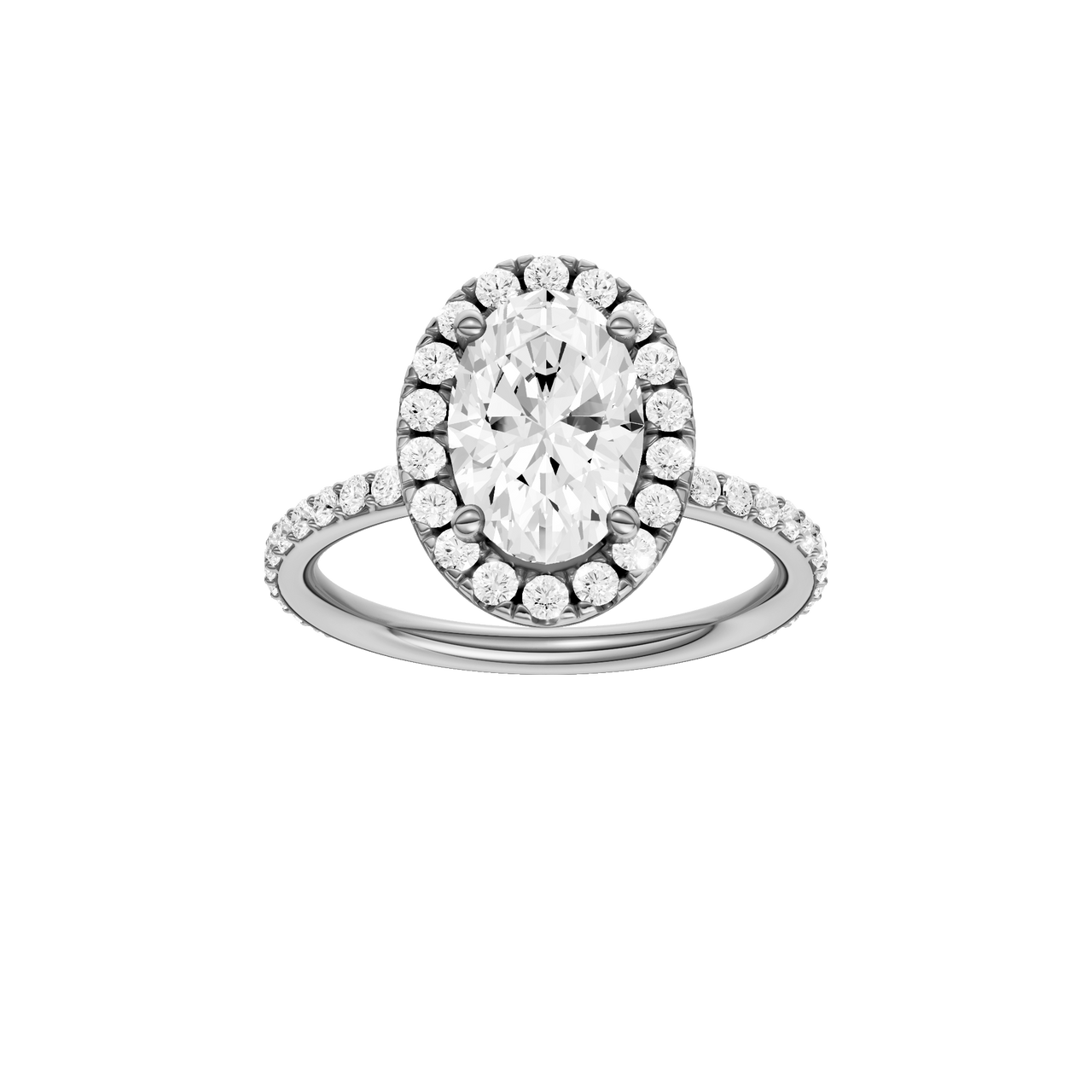 A front view of the Oval cut diamond engagement ring in platinum with a prong diamond band and cathedral setting
