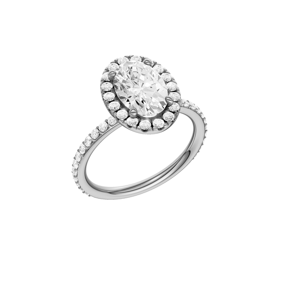 A three-quarter view of the Oval cut diamond engagement ring in platinum with a prong diamond band and cathedral setting