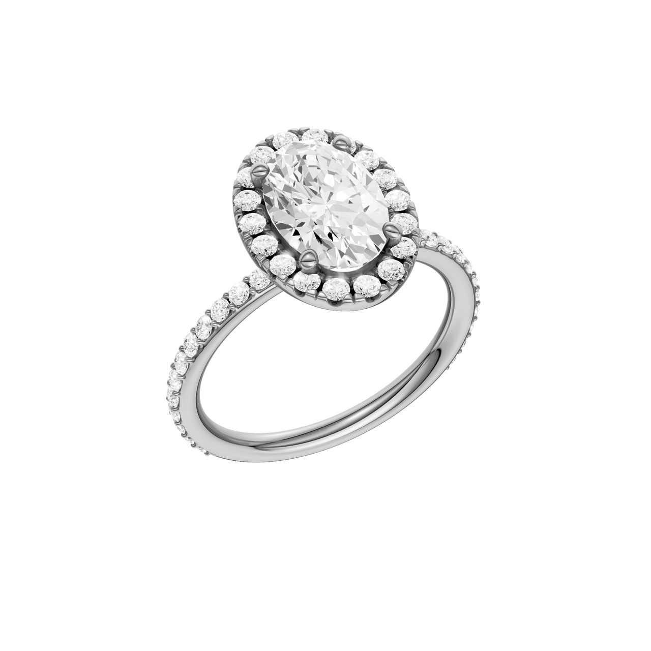 A three-quarter view of the Oval cut diamond engagement ring in platinum with a prong diamond band and cathedral setting