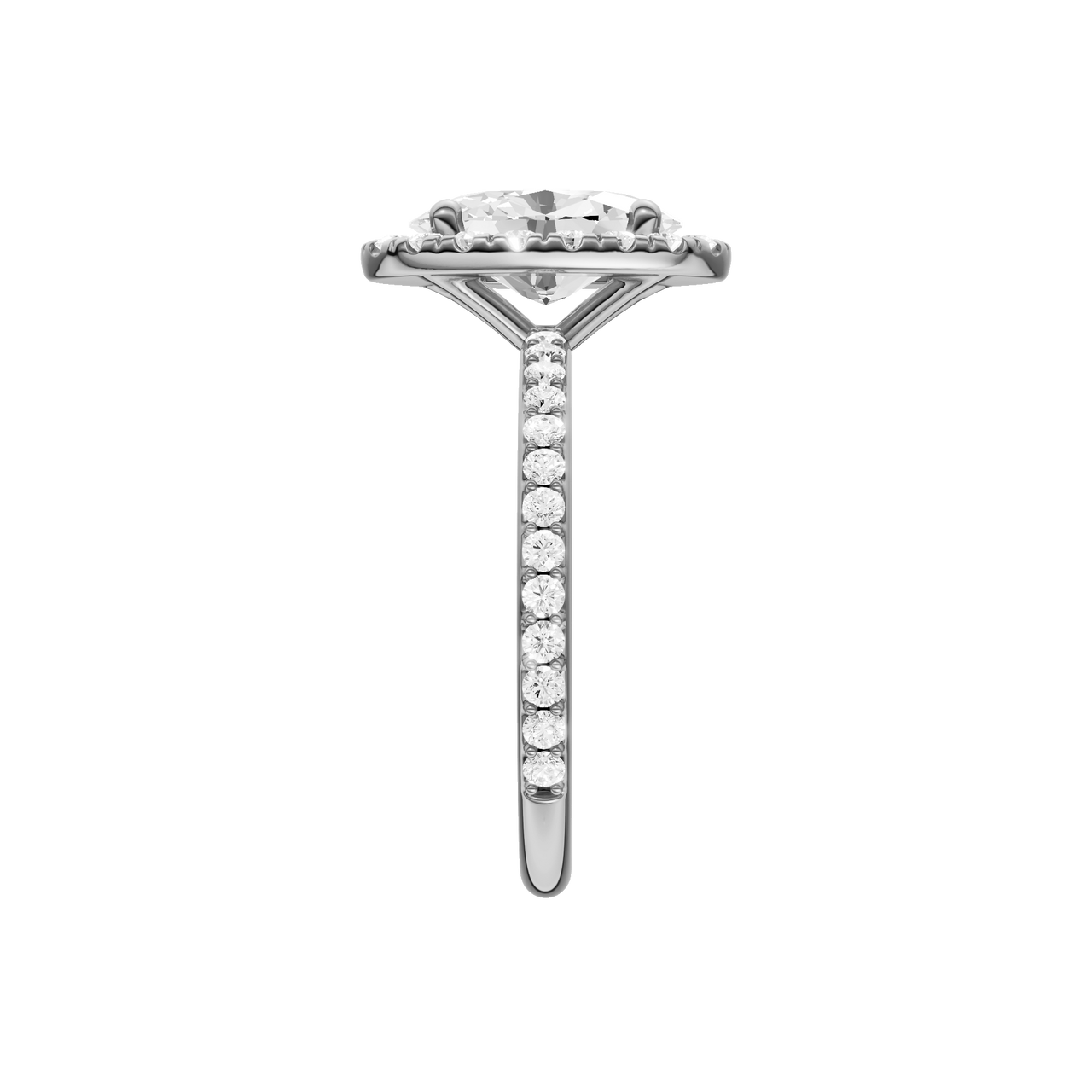 A side view of the Oval cut diamond engagement ring in platinum with a prong diamond band and cathedral setting