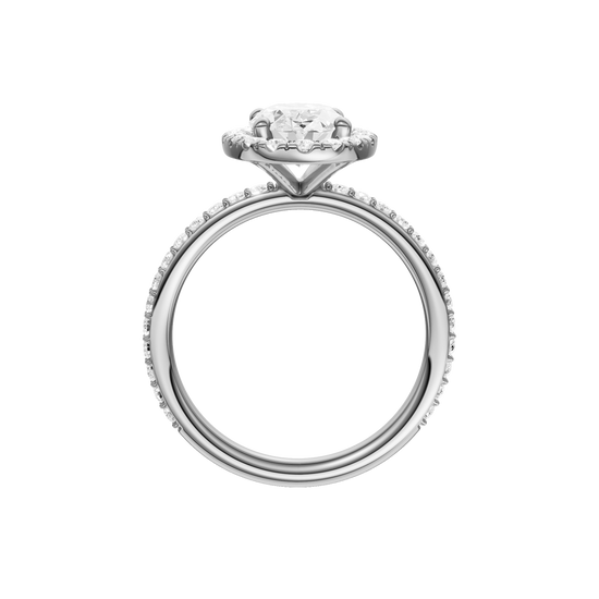A profile view of the Oval cut diamond engagement ring in platinum with a prong diamond band and cathedral setting