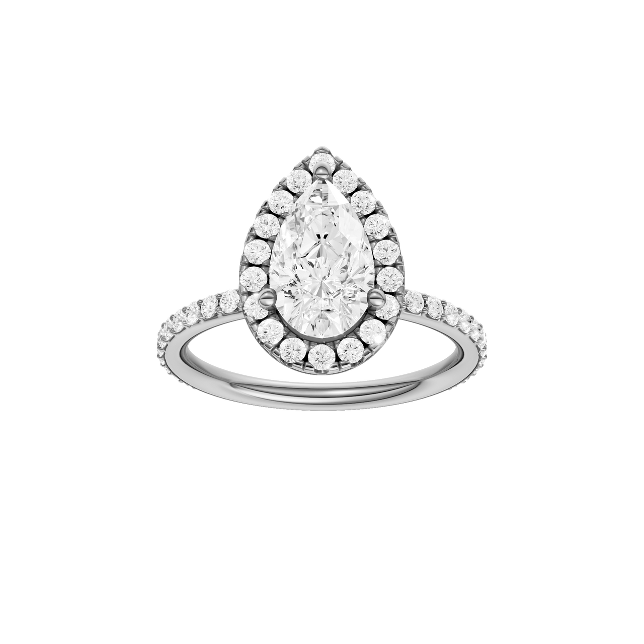 A front view of the Pear cut diamond engagement ring in 14k white gold with a prong diamond band and cathedral setting