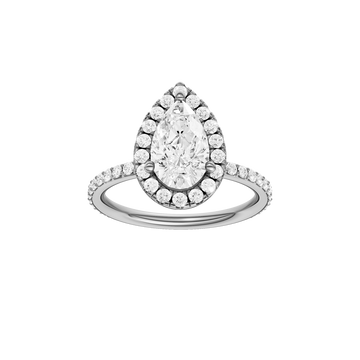 A front view of the Pear cut diamond engagement ring in 14k white gold with a prong diamond band and cathedral setting