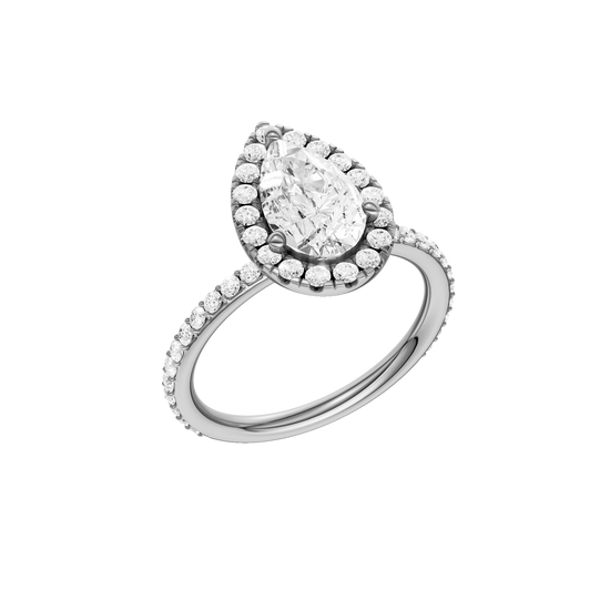 A three-quarter view of the Pear cut diamond engagement ring in 14k white gold with a prong diamond band and cathedral setting