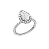 A three-quarter view of the Pear cut diamond engagement ring in 14k white gold with a prong diamond band and cathedral setting