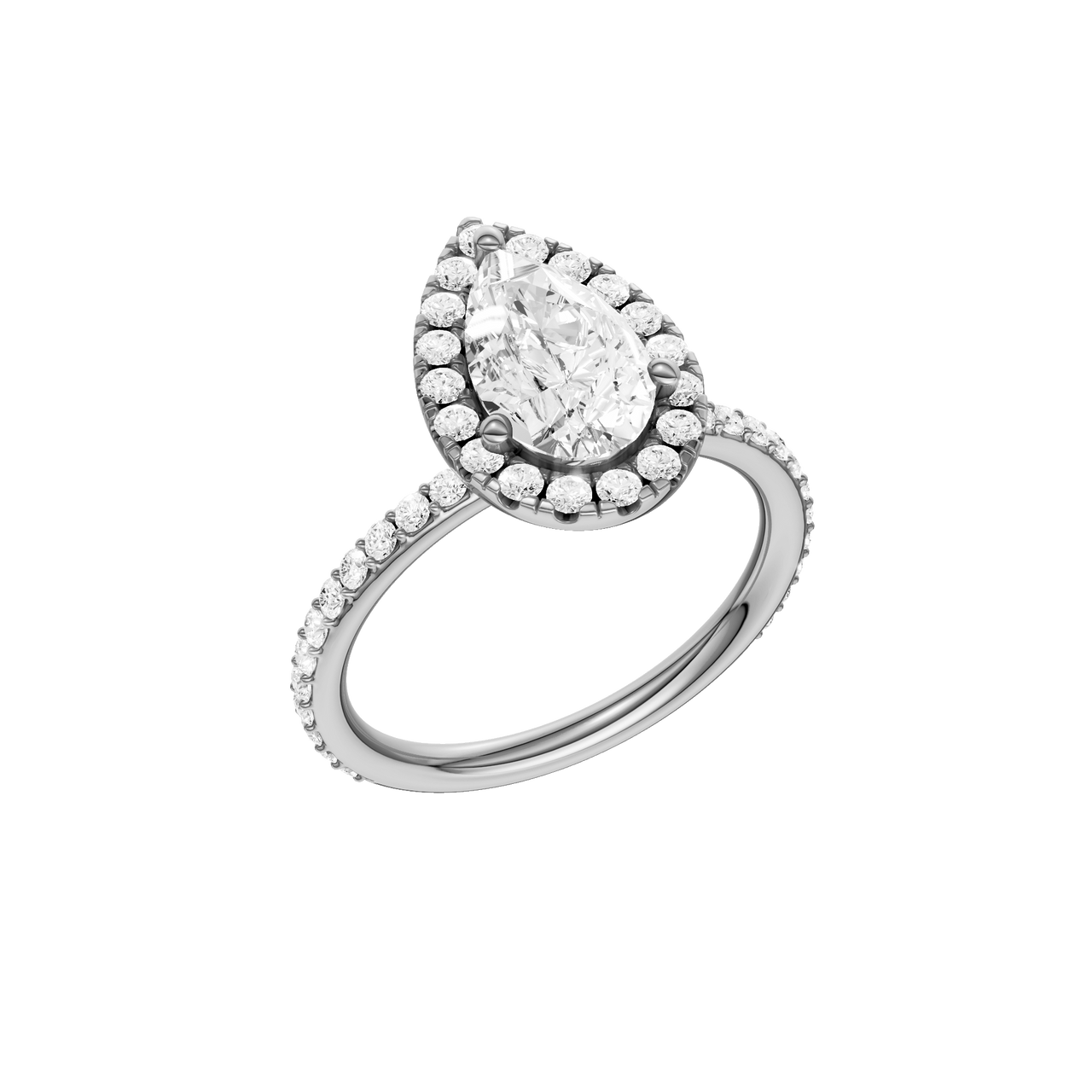 A three-quarter view of the Pear cut diamond engagement ring in 14k white gold with a prong diamond band and cathedral setting