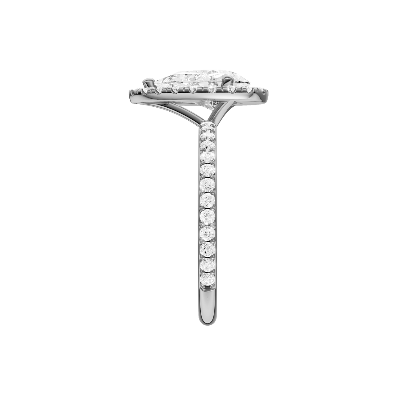 A side view of the Pear cut diamond engagement ring in 14k white gold with a prong diamond band and cathedral setting