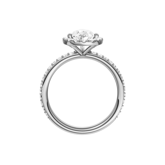 A profile view of the Pear cut diamond engagement ring in 14k white gold with a prong diamond band and cathedral setting