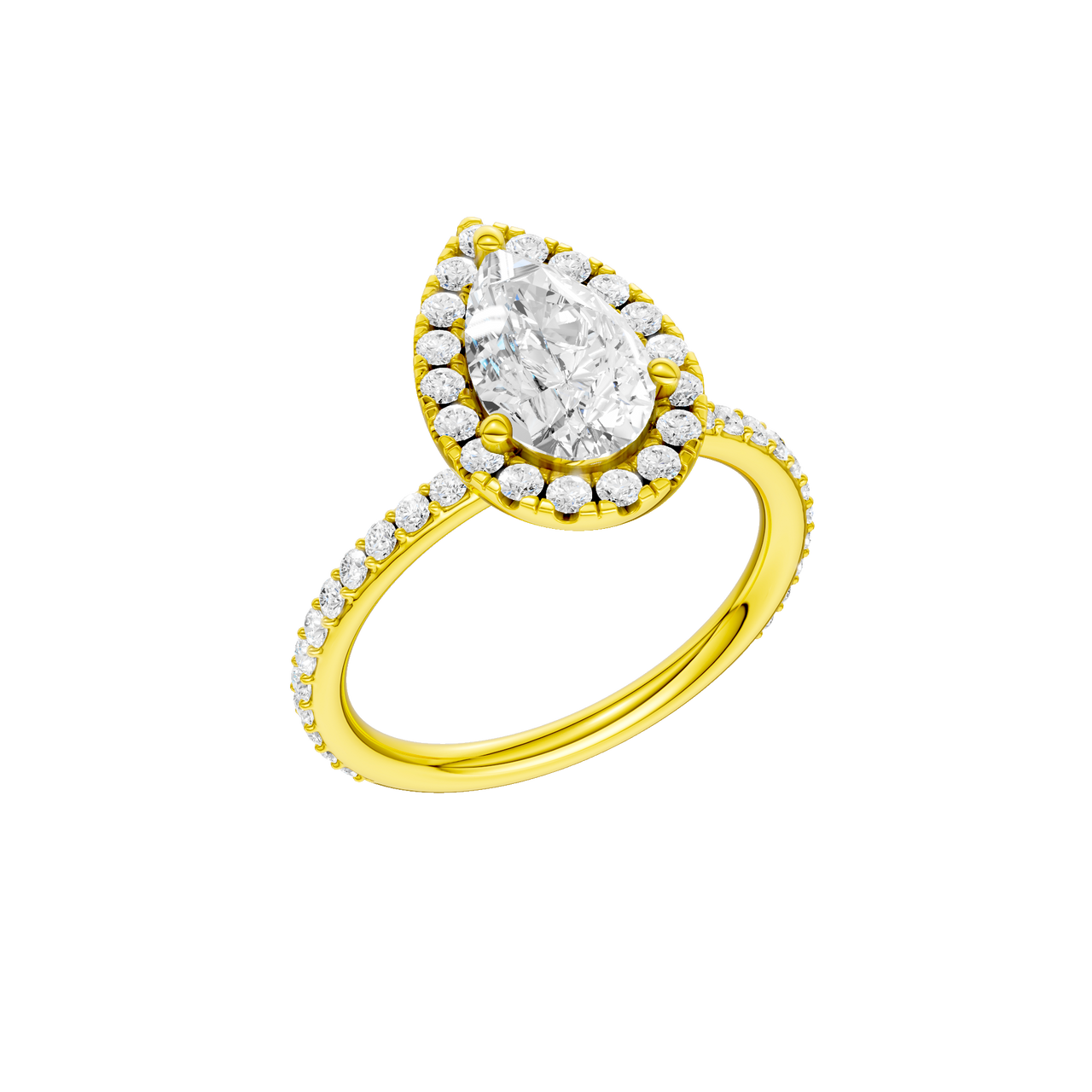 A three-quarter view of the Pear cut diamond engagement ring in 14k yellow gold with a prong diamond band and cathedral setting