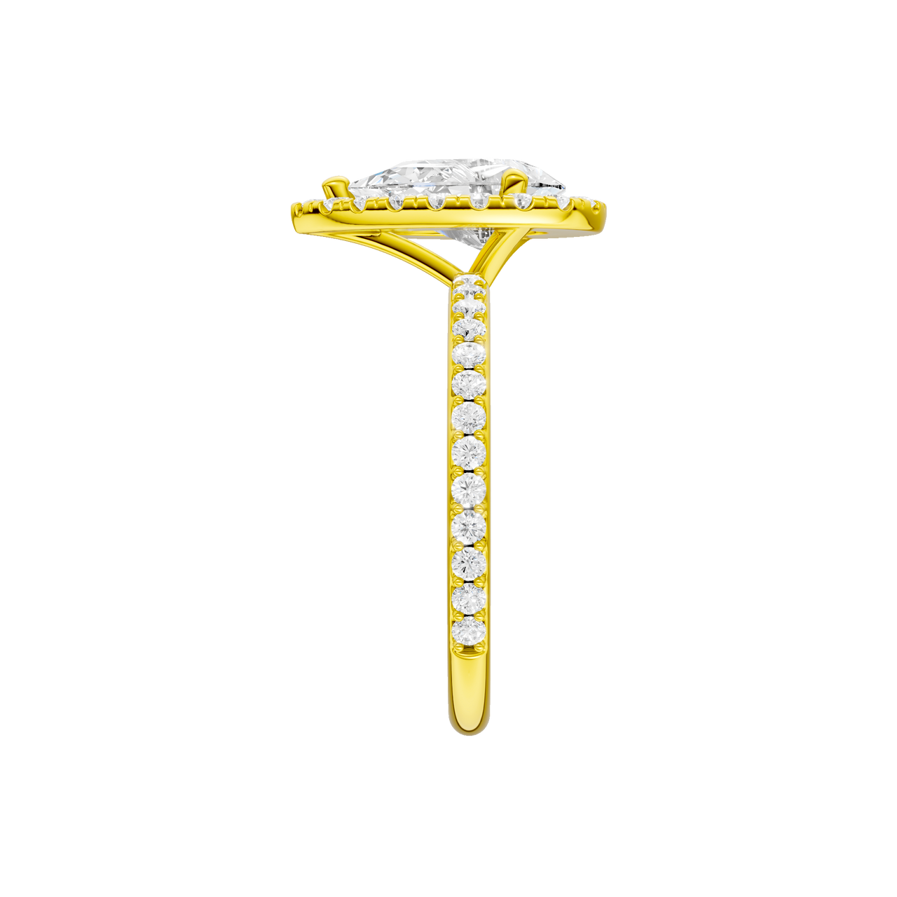 A side view of the Pear cut diamond engagement ring in 14k yellow gold with a prong diamond band and cathedral setting