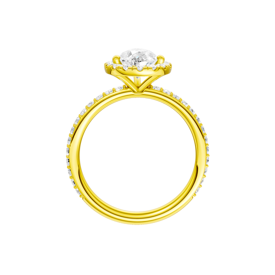 A profile view of the Pear cut diamond engagement ring in 14k yellow gold with a prong diamond band and cathedral setting