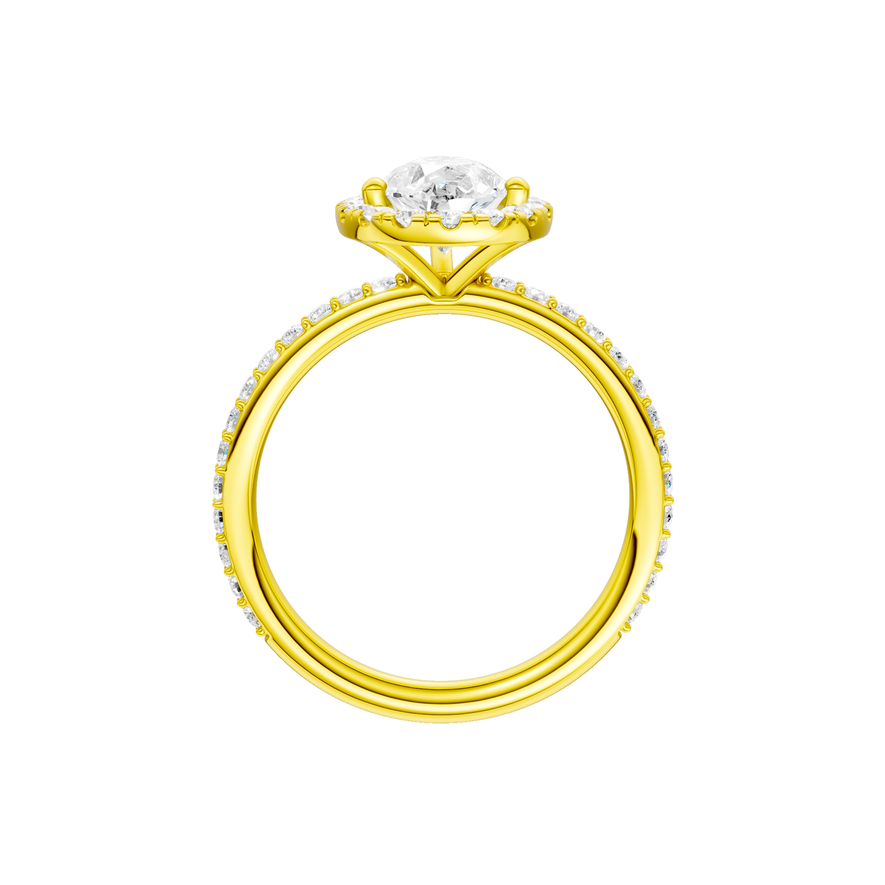 A profile view of the Pear cut diamond engagement ring in 14k yellow gold with a prong diamond band and cathedral setting