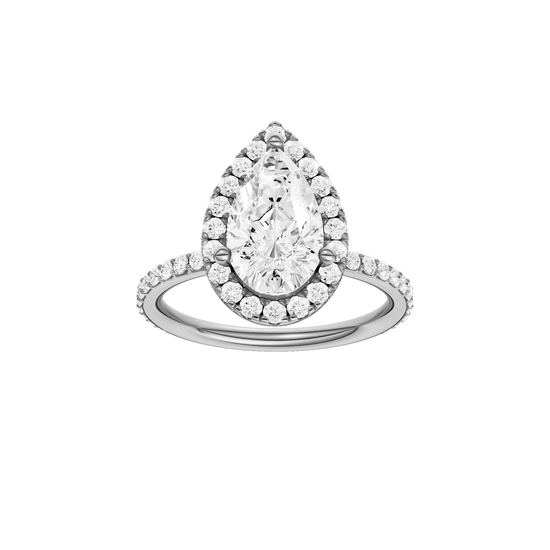 A front view of the Pear cut diamond engagement ring in platinum with a prong diamond band and cathedral setting