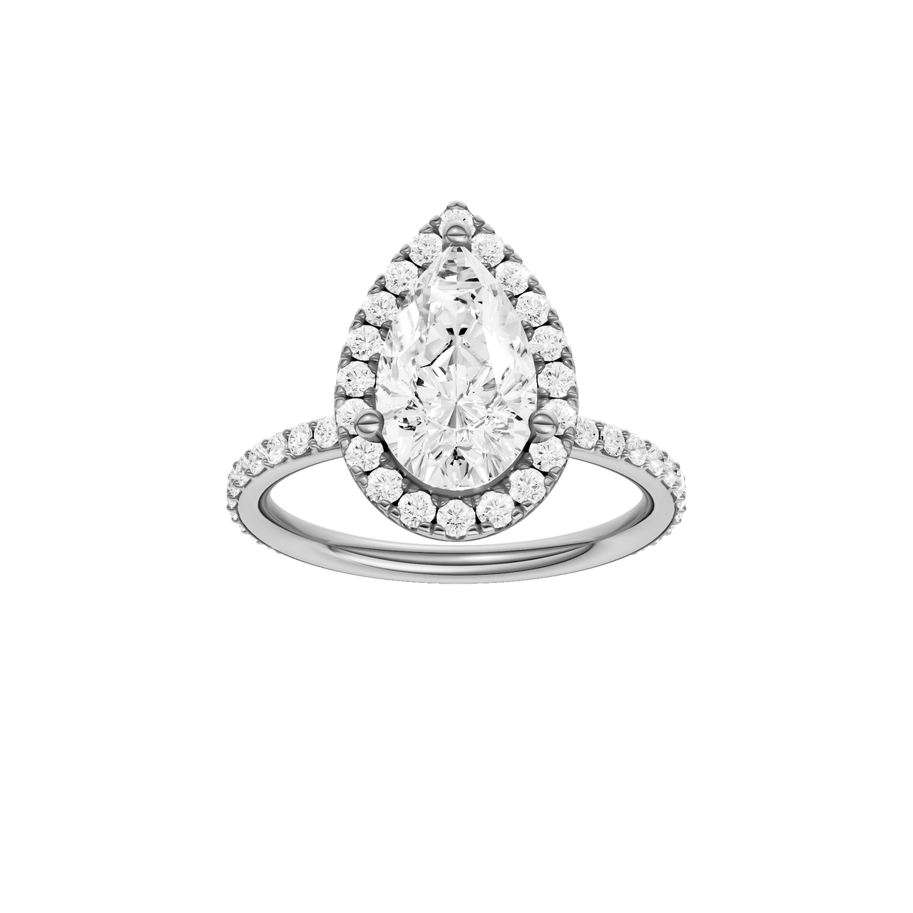A front view of the Pear cut diamond engagement ring in platinum with a prong diamond band and cathedral setting