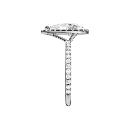 A side view of the Pear cut diamond engagement ring in platinum with a prong diamond band and cathedral setting