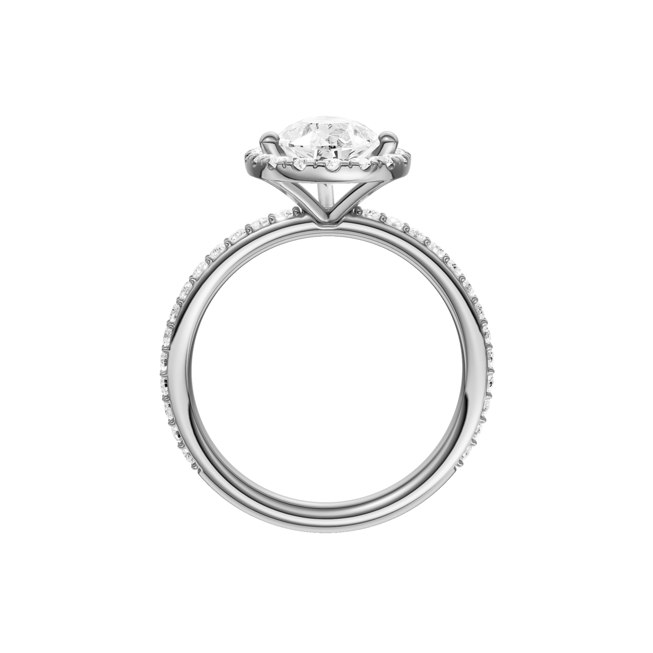 A profile view of the Pear cut diamond engagement ring in platinum with a prong diamond band and cathedral setting