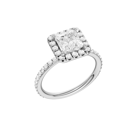 A three-quarter view of the Princess cut diamond engagement ring in platinum with a prong diamond band and cathedral setting