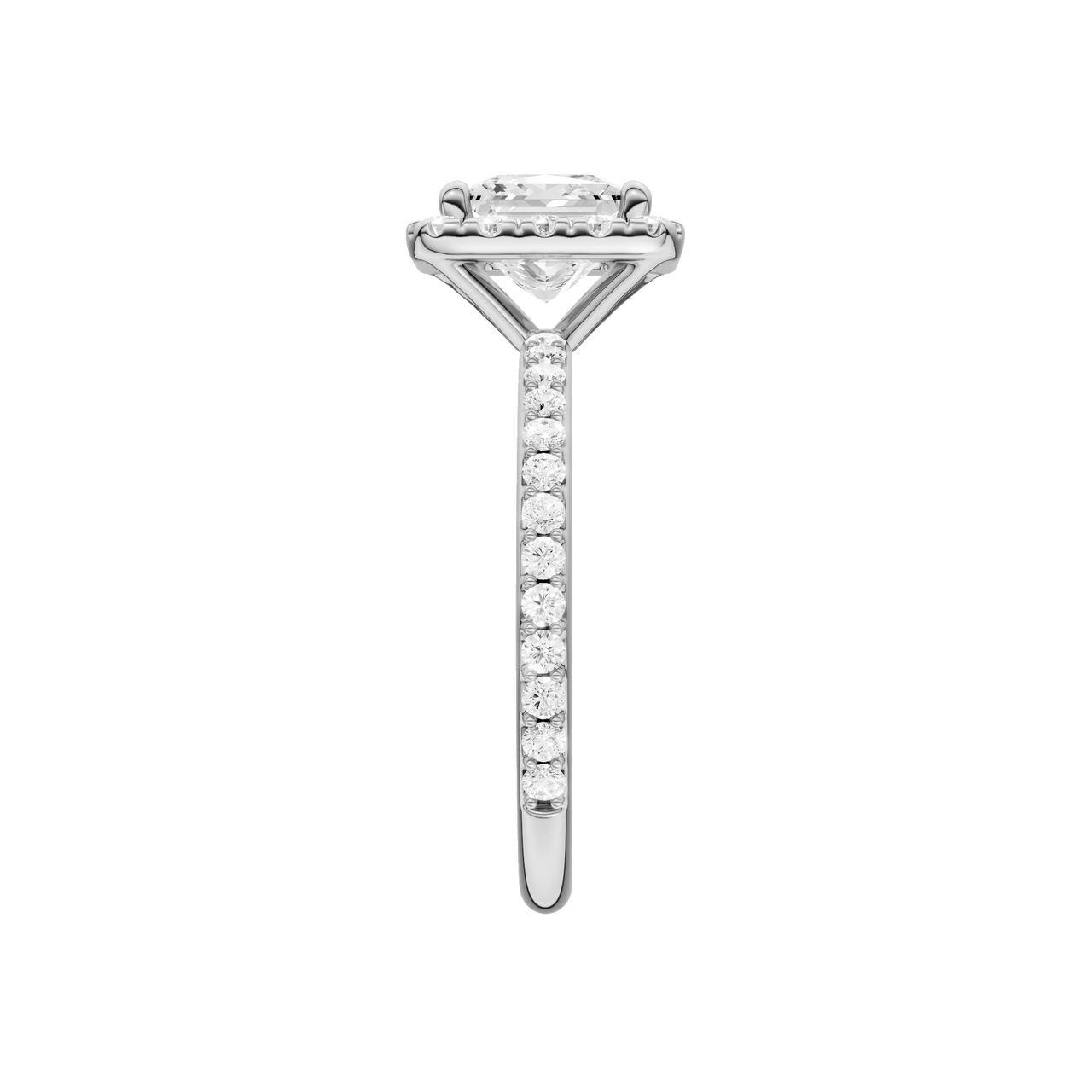 A side view of the Princess cut diamond engagement ring in platinum with a prong diamond band and cathedral setting