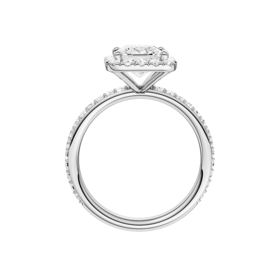 A profile view of the Princess cut diamond engagement ring in platinum with a prong diamond band and cathedral setting