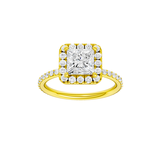 A front view of the Princess cut diamond engagement ring in 14k yellow gold with a prong diamond band and cathedral setting