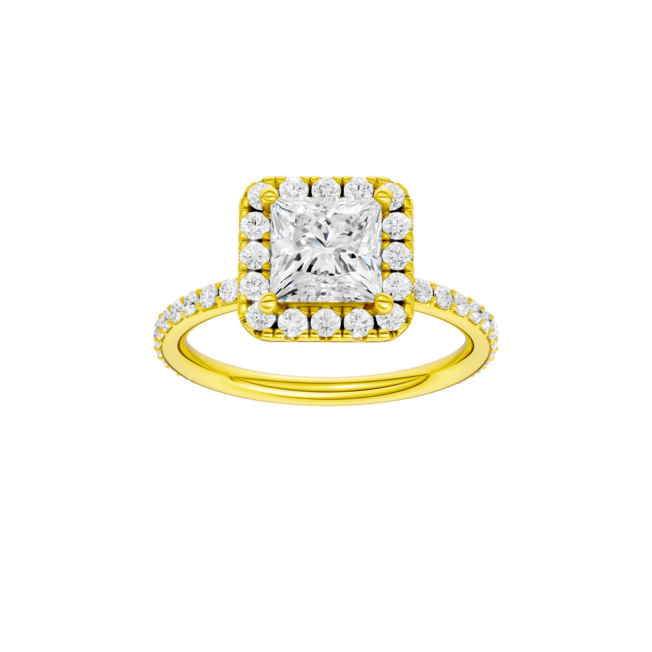 A front view of the Princess cut diamond engagement ring in 14k yellow gold with a prong diamond band and cathedral setting