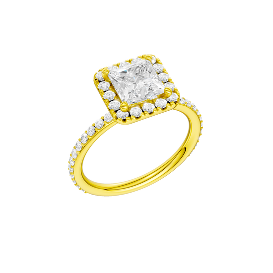 A three-quarter view of the Princess cut diamond engagement ring in 14k yellow gold with a prong diamond band and cathedral setting