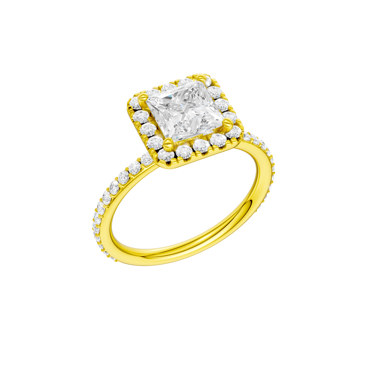 A three-quarter view of the Princess cut diamond engagement ring in 14k yellow gold with a prong diamond band and cathedral setting