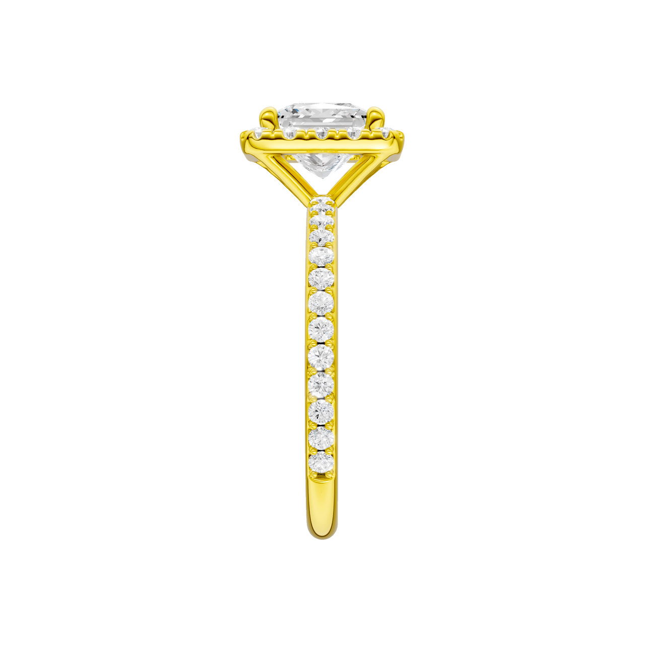 A side view of the Princess cut diamond engagement ring in 14k yellow gold with a prong diamond band and cathedral setting