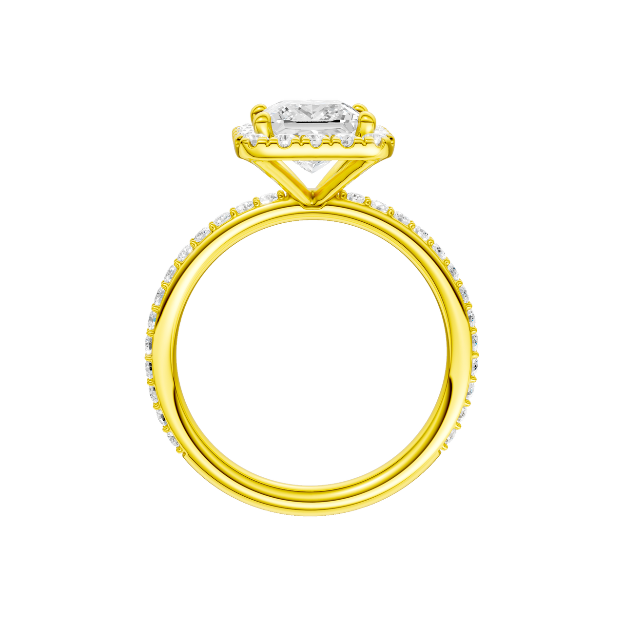 A profile view of the Princess cut diamond engagement ring in 14k yellow gold with a prong diamond band and cathedral setting
