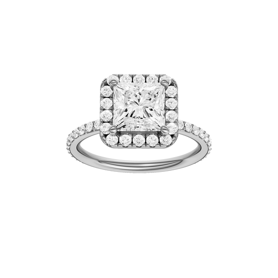 A front view of the Princess cut diamond engagement ring in 14k white gold with a prong diamond band and cathedral setting