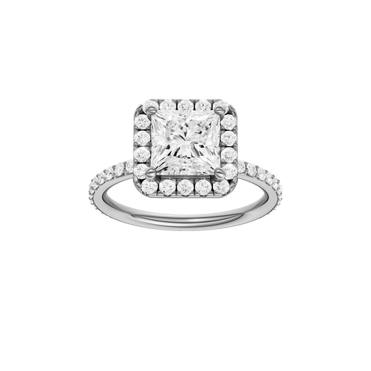 A front view of the Princess cut diamond engagement ring in 14k white gold with a prong diamond band and cathedral setting