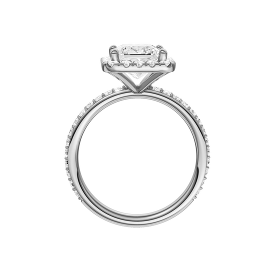 A profile view of the Princess cut diamond engagement ring in 14k white gold with a prong diamond band and cathedral setting