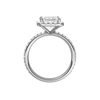 A profile view of the Princess cut diamond engagement ring in 14k white gold with a prong diamond band and cathedral setting