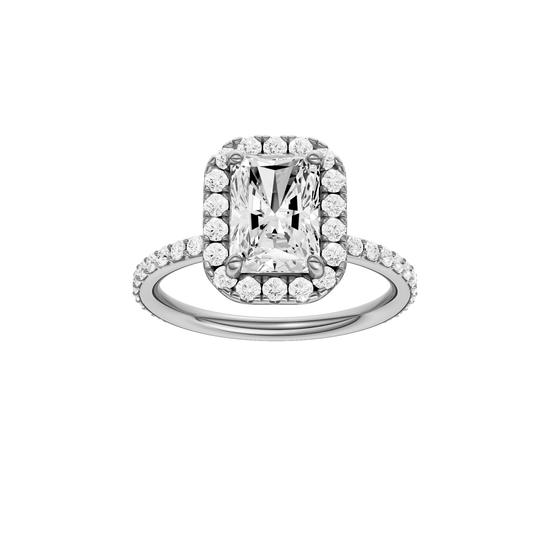 A front view of the radiant cut diamond engagement ring in platinum with a prong diamond band and cathedral setting
