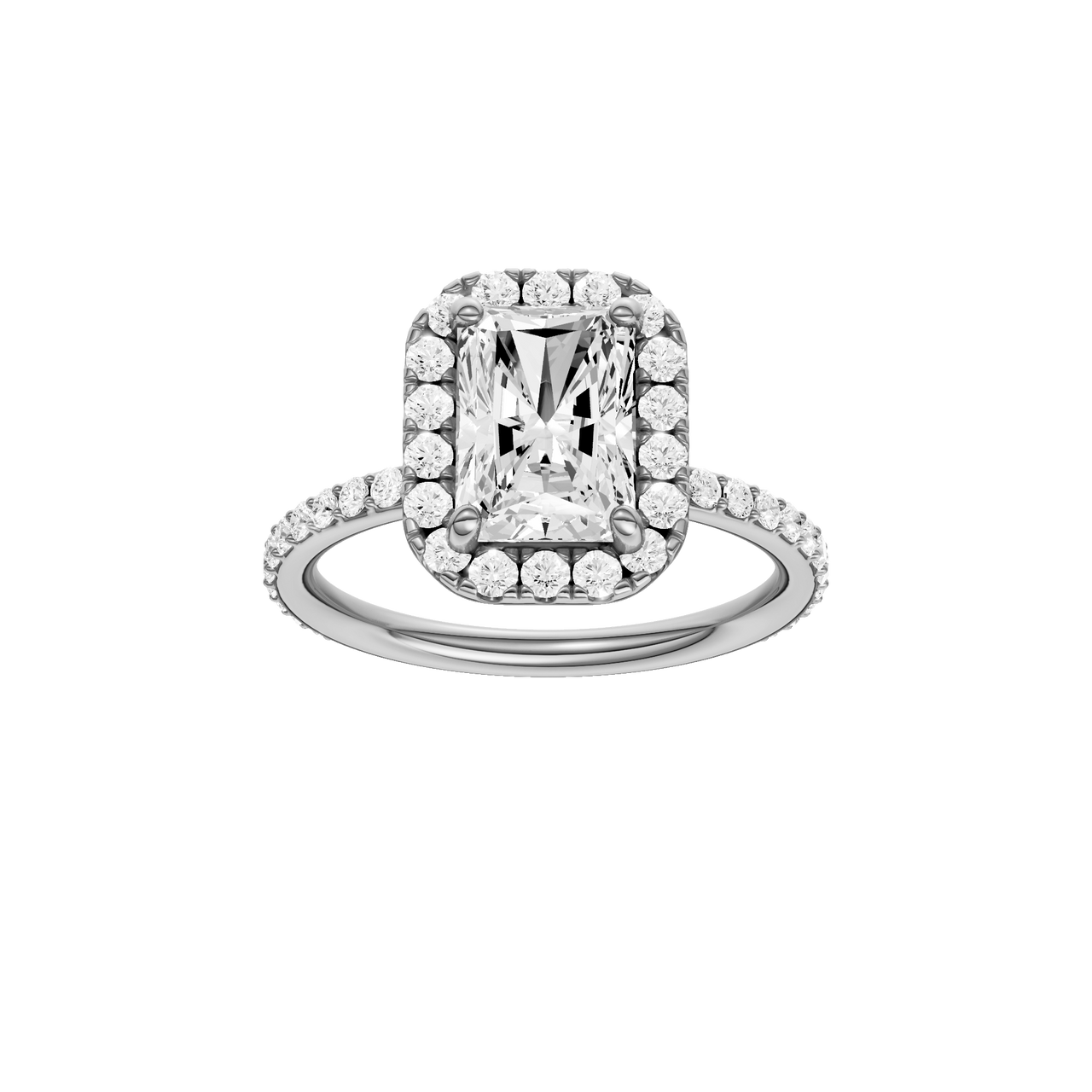 A front view of the radiant cut diamond engagement ring in 14k white gold with a prong diamond band and cathedral setting
